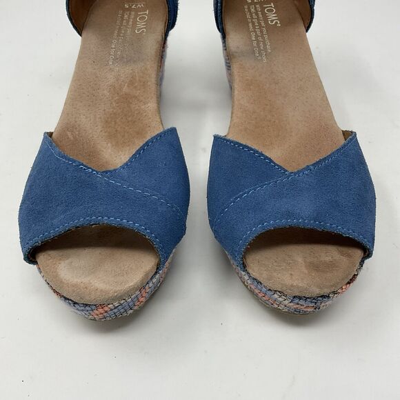 Toms Wedge Heel Shoes 7.5 Blue Suede Geometric Open Toe Sandals Ankle Strap - Picture 3 of 15